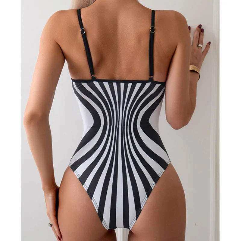 Summer Striped One-Piece Swimsuits Closed Women Swimwear Push Up Swimming Wear Body Bathing Suit Beachwear Pool Bather