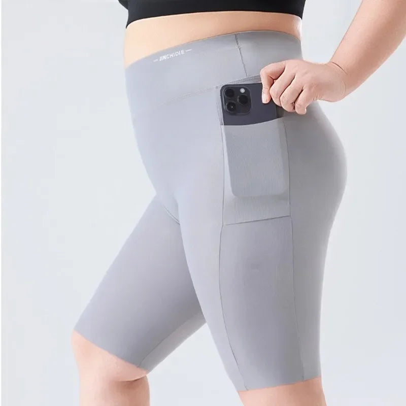 Women Big Size Five Point Shorts Pocket Shark Pants High Waist Stretchy Workout Running Cycling Yoga Fitness Shorts Summer