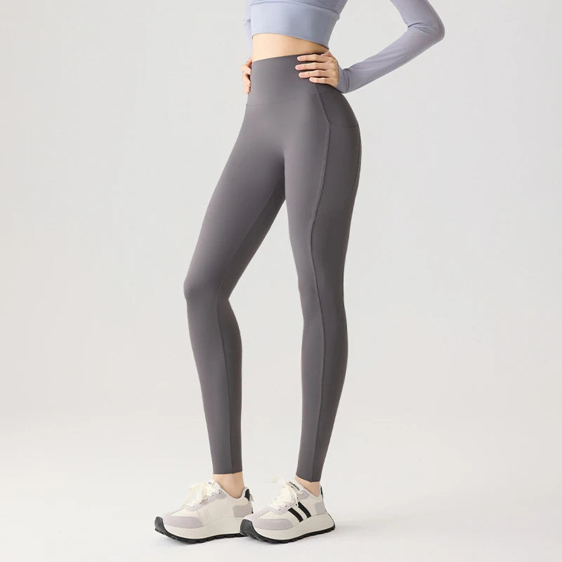 BIVIGAOS Spring Summer Pocket Sharkskin Leggings Women High Waist Tight Butt Lifter Light Feeling Sport Fitness Running Leggings