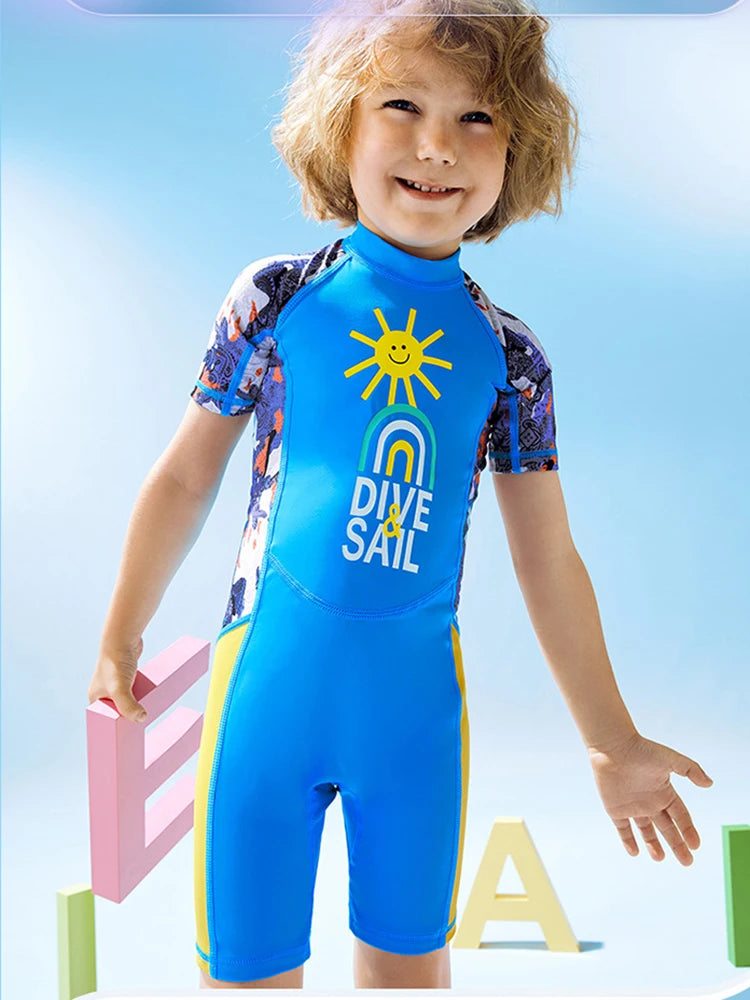 Children's Swimsuit Boys One-Piece Swimsuit Short-Sleeved Beach Sunscreen Professional Training Swimsuit