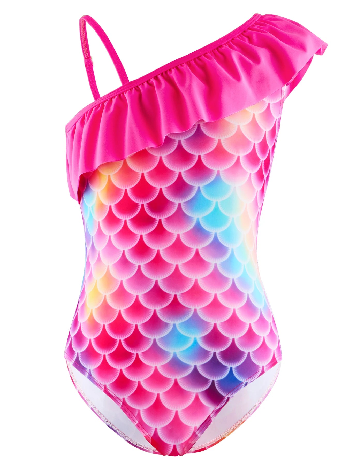 Swimming Suit Kids, One-Piece Swimwear, Girls Summer Clothes, One Shoulder Design with Ruffle, 3D Scale