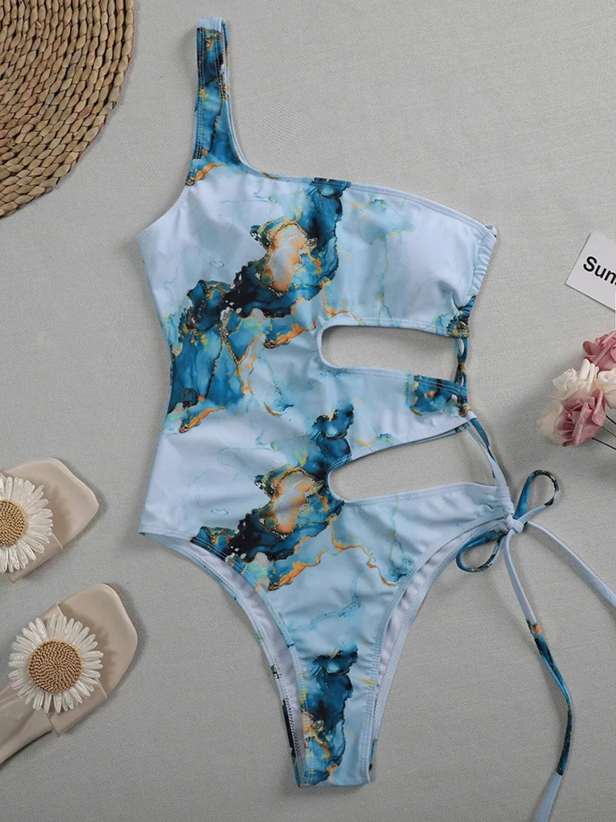Marble Print One Shoulder Women Swimwear One Piece Swimsuit Female Monokini Bather High Cut Out Bathing Suit Swim