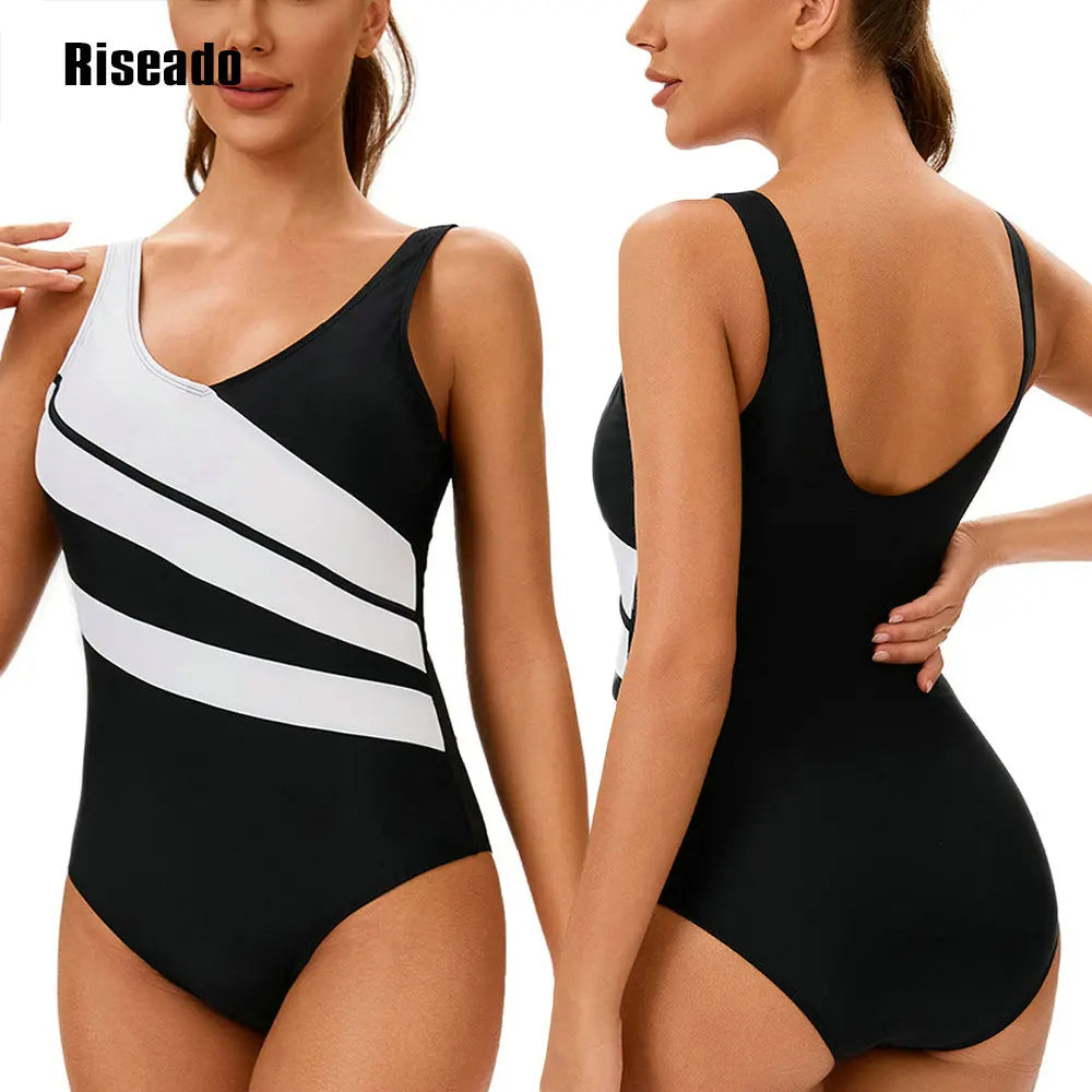 One Piece Swimsuit Women U Back Color Block Print Bathing Suits Athletic Modest Swimwear