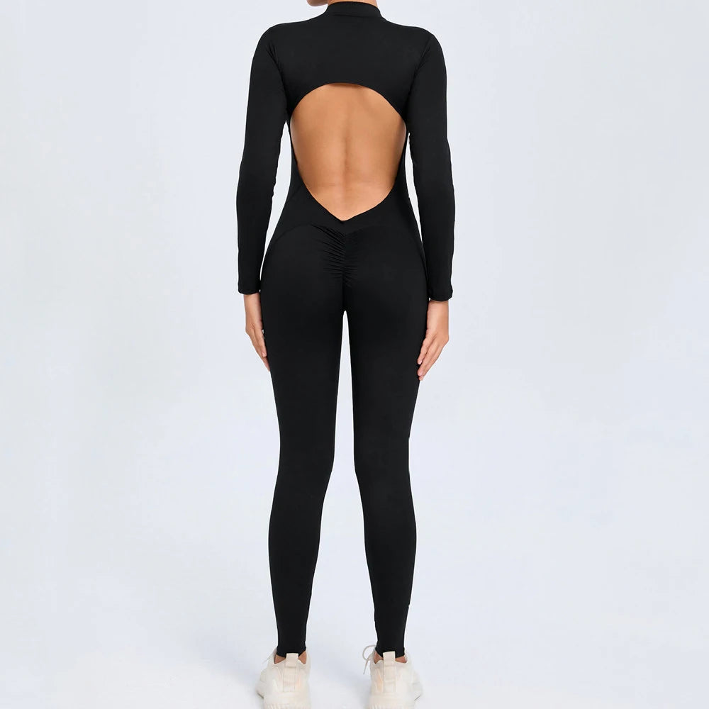 Women Long Sleeve Zipper Jumpsuit One-Piece Zipper Yoga Set Gym Push Up Workout Clothes Fitness Bodysuit Sportswear