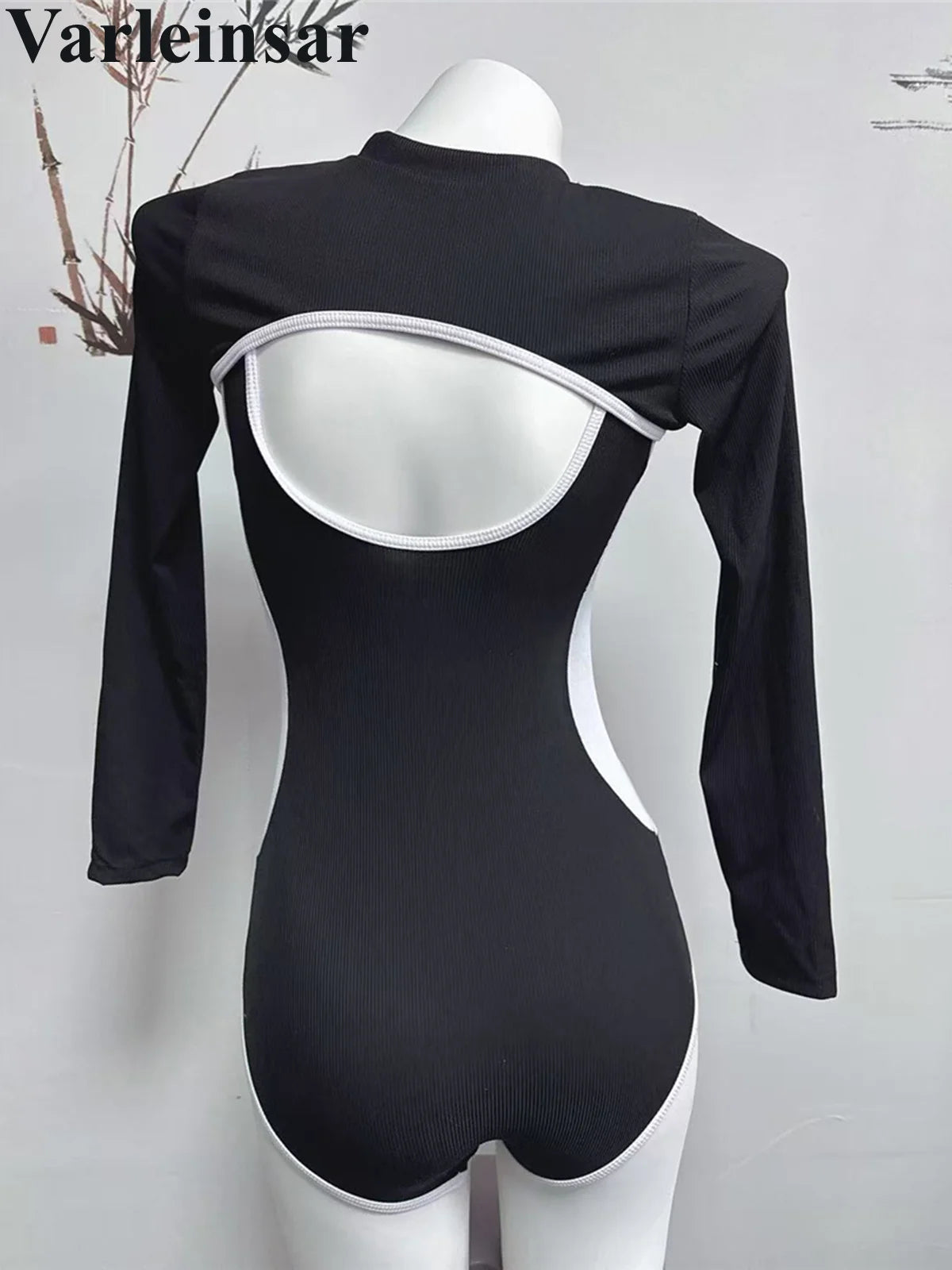 Long Sleeve Cover Up Splicing One Piece Swimsuit Women Swimwear Female Ribbed Backless Bather Bathing Suit Swim