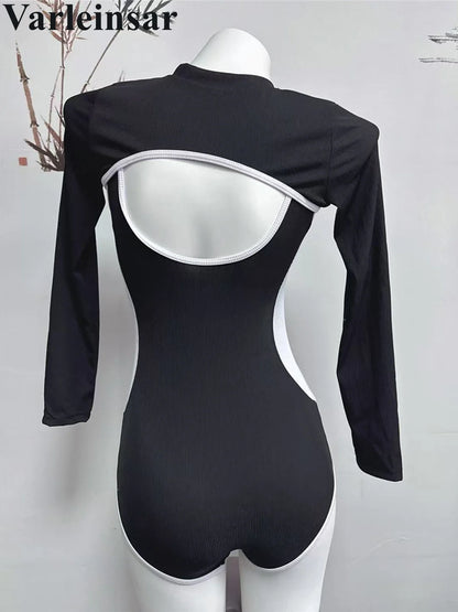 Long Sleeve Cover Up Splicing One Piece Swimsuit Women Swimwear Female Ribbed Backless Bather Bathing Suit Swim