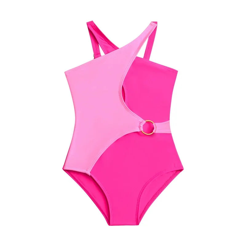 Pink Girls One Piece Swimsuit 5-14 Year Kids Swim Suit Teenage Children's Swimwear Criss Cross Bathing Suits Beach Bodysuit