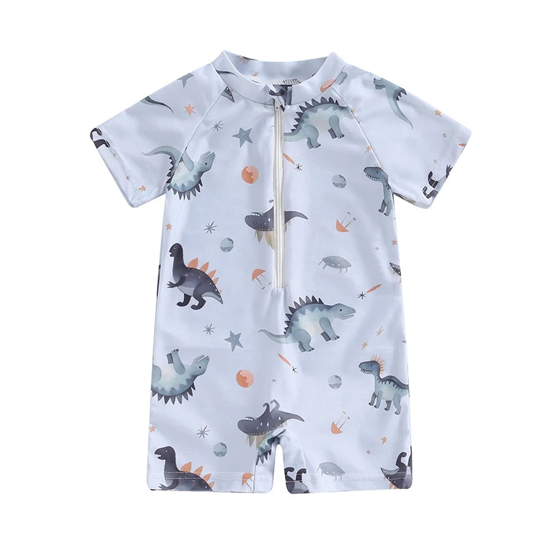 Baby Boy's Dinosaur Swimsuit Round Neck Half Zip Up Short Sleeve Rash Guard Swimwear Infant Toddler Bathing Suit 0-3T