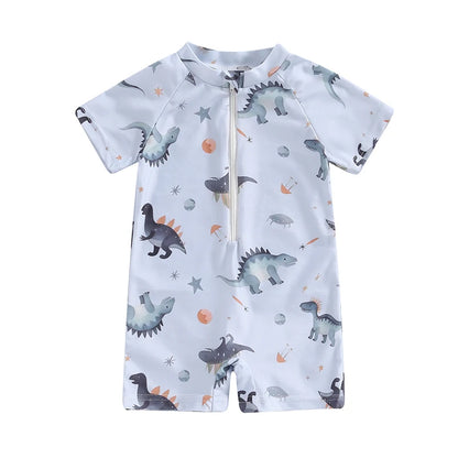 Baby Boy's Dinosaur Swimsuit Round Neck Half Zip Up Short Sleeve Rash Guard Swimwear Infant Toddler Bathing Suit 0-3T