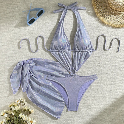 With Sarong Glitter Sparkling Depp V Neck One Piece Swimsuit Women Swimwear Female Cut Out Halter Bather Bathing Suit Swim