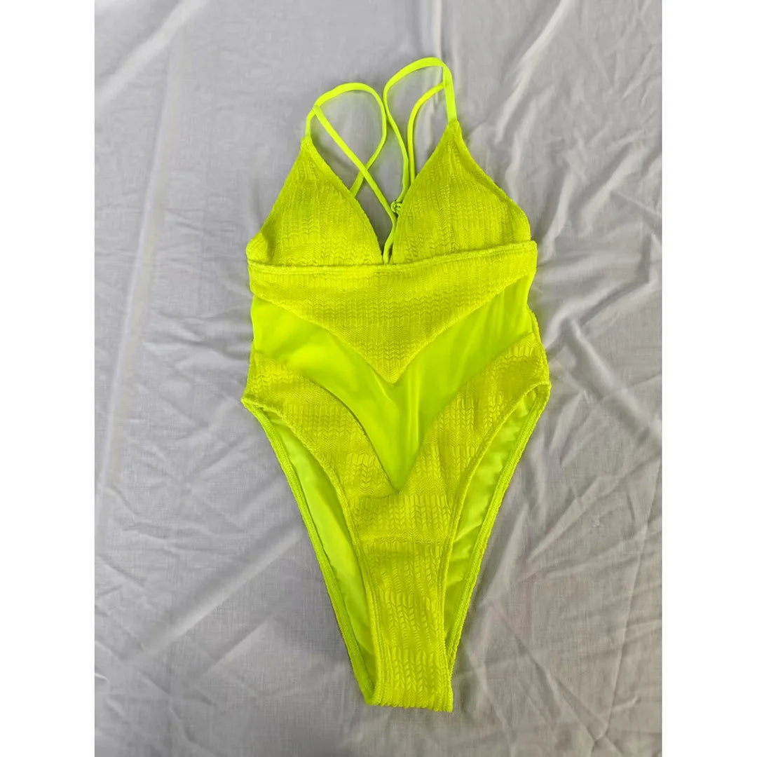 S - XXL 5 Colors V Neck Mesh Sheer Women Swimwear One Piece Swimsuit Female High Leg Cut Monokini Bather Bathing Suit Swim