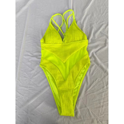 S - XXL 5 Colors V Neck Mesh Sheer Women Swimwear One Piece Swimsuit Female High Leg Cut Monokini Bather Bathing Suit Swim