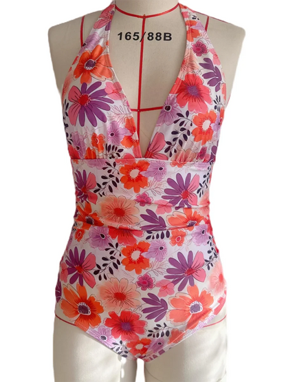 Leopard Swimsuit Women One Piece Halter Swimwear Female Solid Backless Bathers Bathing Swimming Swim Suit Beachwear