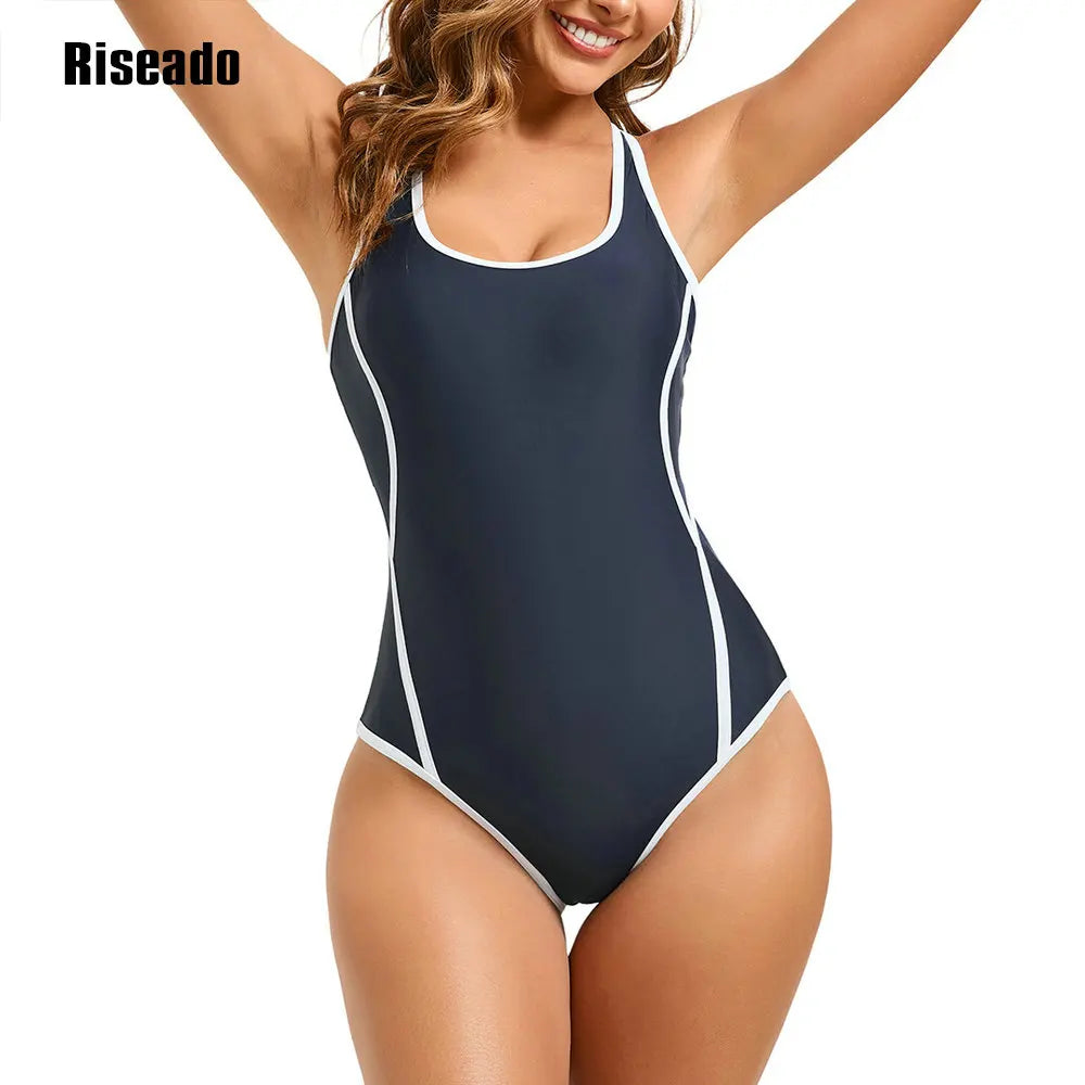 Women's Cross Knot One Piece Swimsuit Navy Fitness Beachwear Bathing Suit Tummy Control Pool Bathers