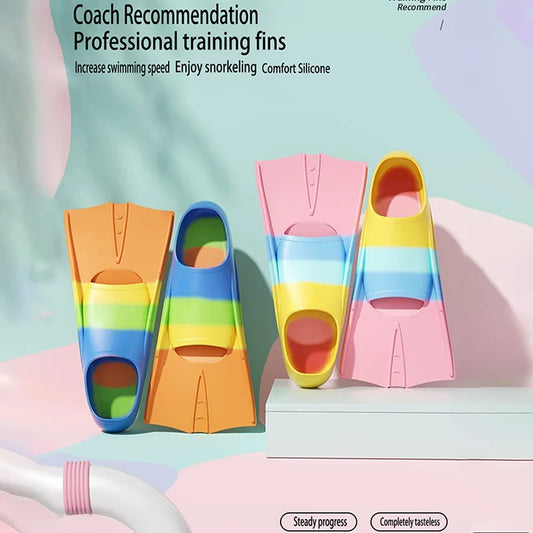 Swim Training Fins Silicone Professional Scuba Diving Fins Short Men Women Snorkel Swimming Fins Kids Flippers Equipment Set