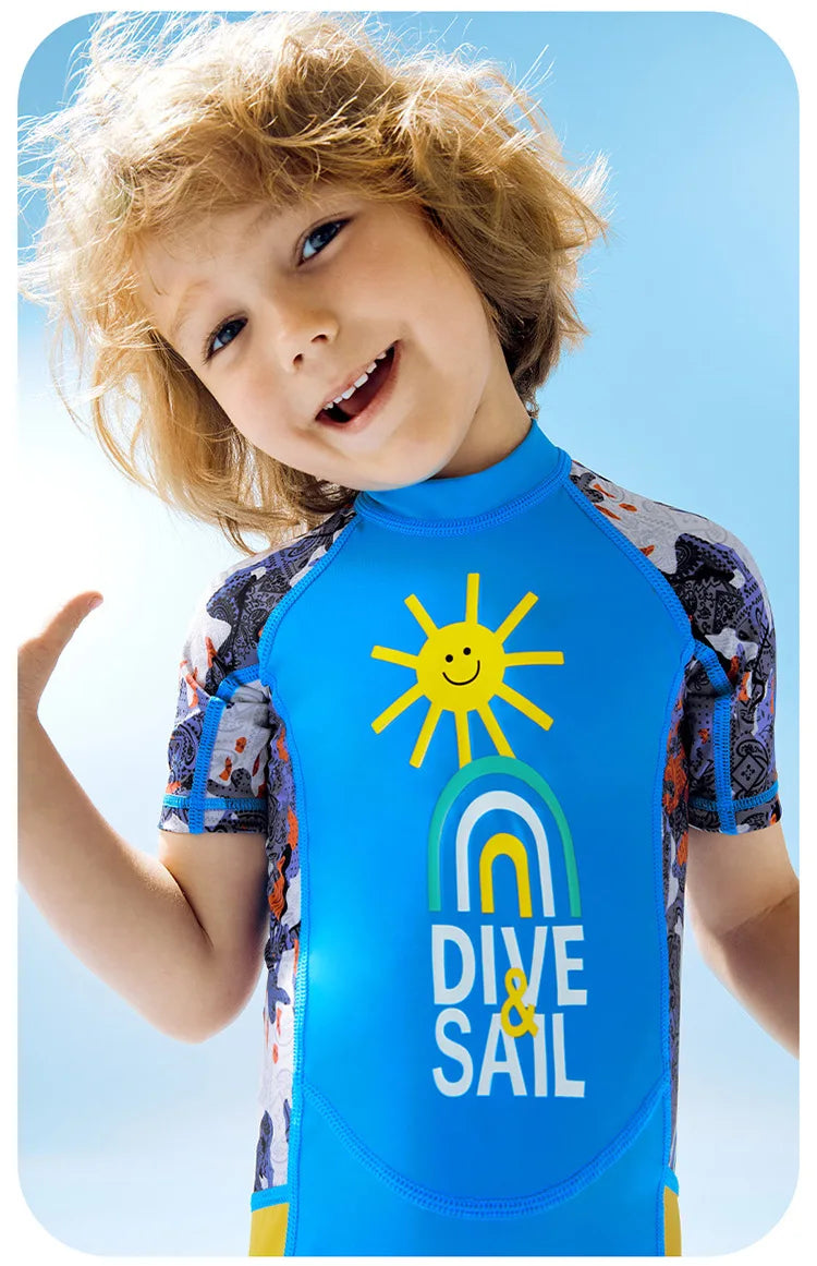 Children's Swimsuit Boys One-Piece Swimsuit Short-Sleeved Beach Sunscreen Professional Training Swimsuit