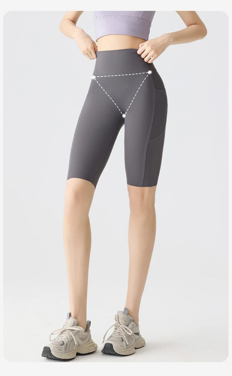 Pocket Yoga Sharkskin Bicycle Shorts Women Thin High Waist Push Up Light Feeling Sports  Fitness Cycling Shorts
