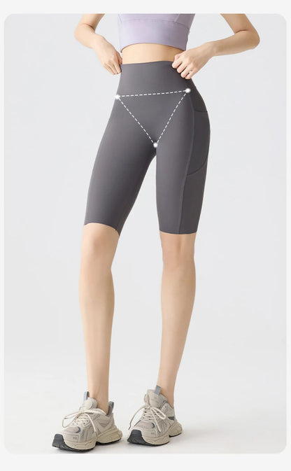 Pocket Yoga Sharkskin Bicycle Shorts Women Thin High Waist Push Up Light Feeling Sports  Fitness Cycling Shorts