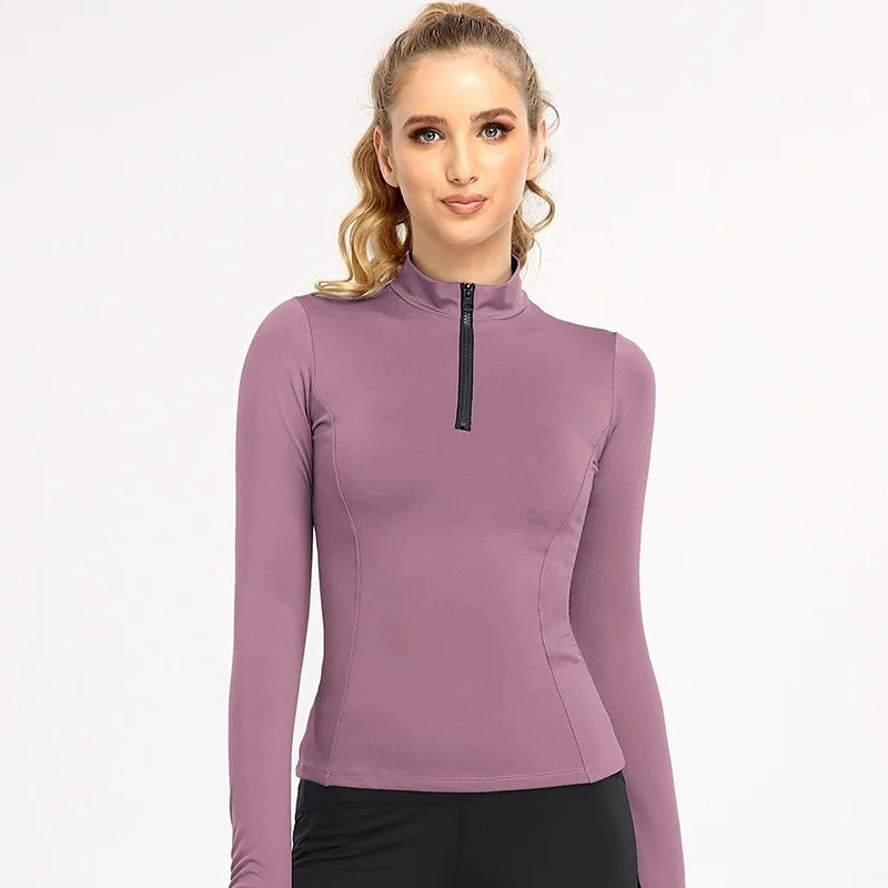 Zipper Thumb Hole Slim Fit Quick Dry Base Long Sleeve Yoga Women Jacket Elastic Top Yoga Fitness Exercise Sportwear