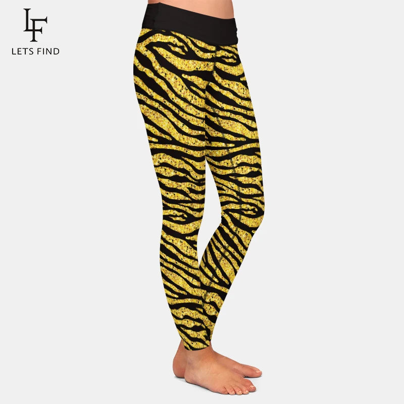 High Waist Women Leggings Fashion 3D Golden Zebra Print  Elastic Black Leggings