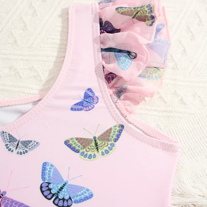 Butterfly Print Girls One Piece Swimsuit 4-7 Year Kids Swim Suit Infant Children's Swimwear 2025 Pink Bathing Suits with Skirt