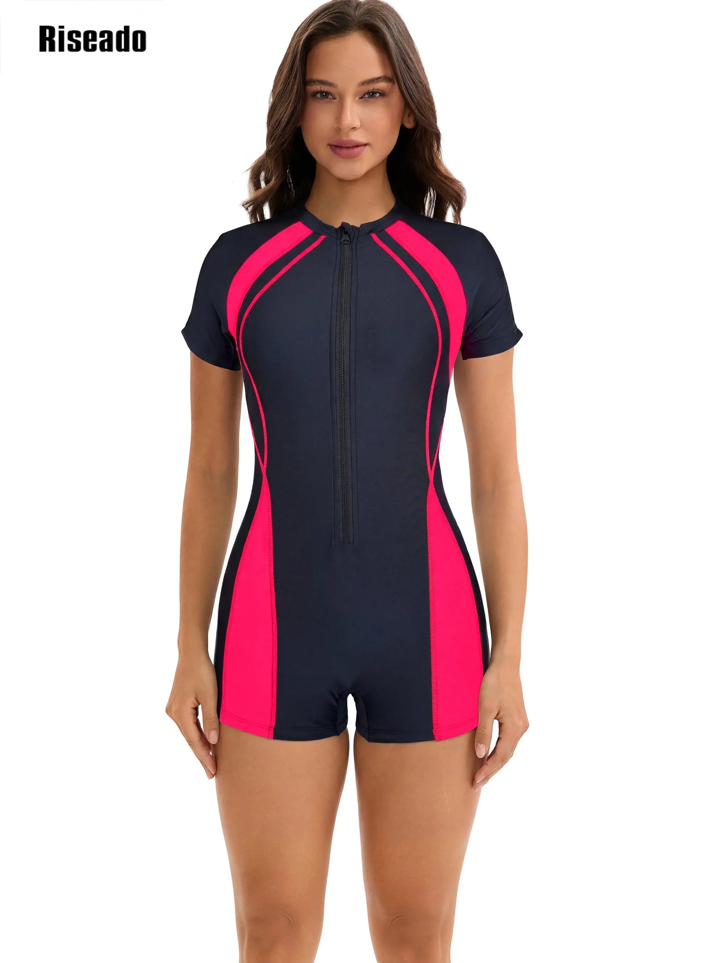 Women's Boyleg One Piece Rash Guard with Built in Bra Color Block UPF50+ Short Sleeve Full Body Surfing Swimsuit