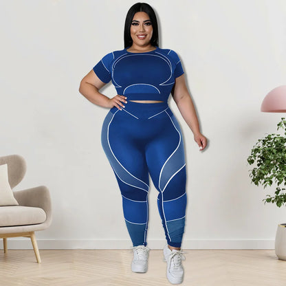 Plus Size Sets Women's Clothes Tracksuit Short Top and Pant Two Piece Sets Gym Joggers Sports Outfits High Elastic Yoga Set