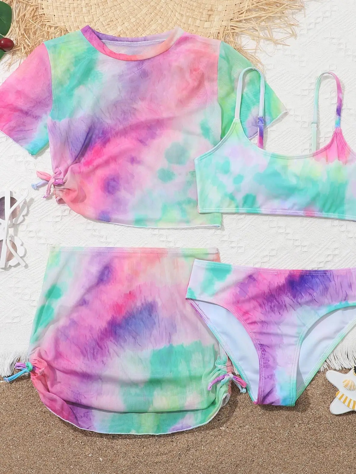 4 Pieces Bikinis Set Top & Skirt Girls Swimsuit Kids Swimwear Female Children Bathers Bathing Swimming Swim Suit Beachwear