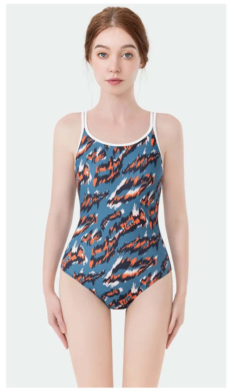 Women Flower Printed One-piece Racing Competition Swimsuit Fashion Sun Protection High Stretch Training Professional Swimwear