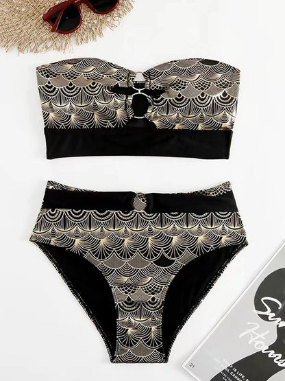 Metallic Stitch Strap Bikini  Women Push Up Gold print Swimsuit Female High Waist Swimwear Bathers Bathing Suit Beachwear