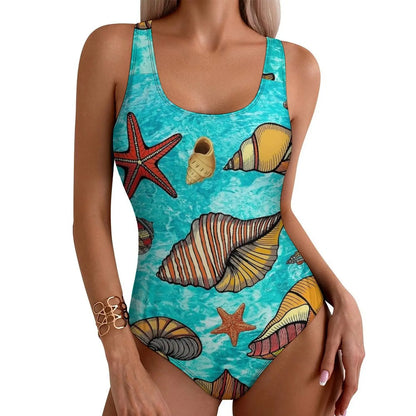 Colorful Sea Shells Print Swimsuit  One Piece Swimwear Push Up Novelty Monokini Sexy Holiday Swim Design Swimsuits