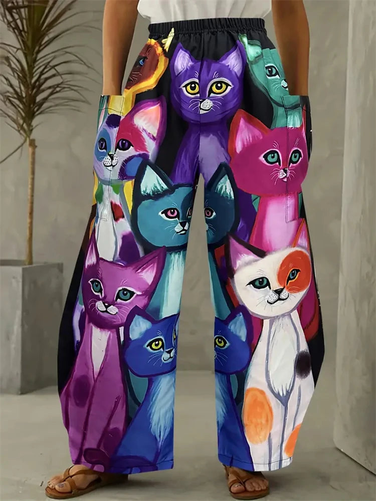 Women's Large Size Cartoon Cat Loose Wide-legged Pants Fall And Winter Casual Elastic Waist Pants Home Large Size Women Clothing