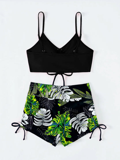 Drawstring Front Shorts Bikinis High Waist Swimsuit Women Swimwear Female Bathers Bathing Swimming Swim Suit Beachwear