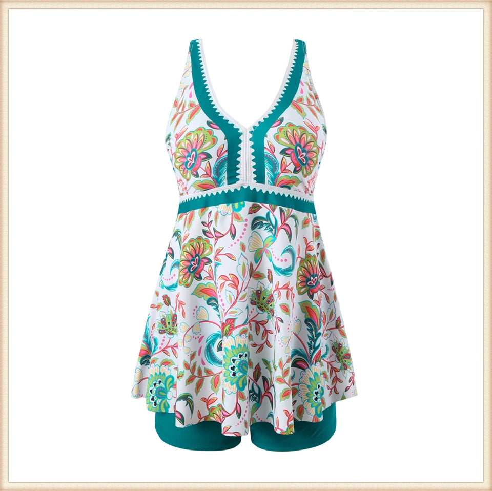 Two Piece Swimsuit Women V-Neck Print Tankini Set Female High Waist Swimwear Beachwear Bathers Bathing Swimming Suit Summer