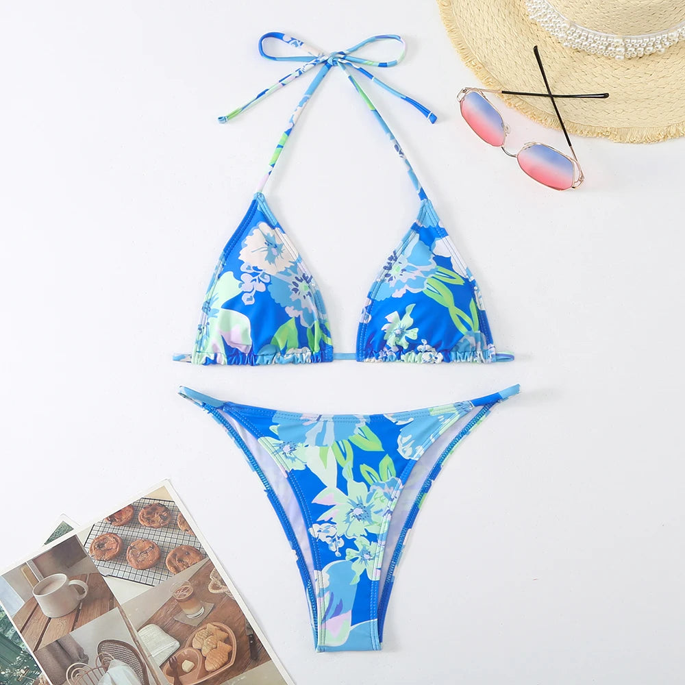 Halter Printed Bikini Women Thong Swimwear Female Triangle Swimsuit Bathers Bathing Swimming Swim Suit Beachwear Summer