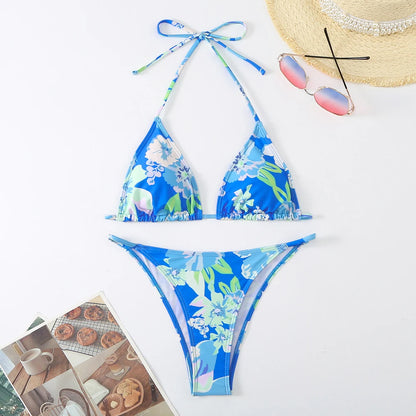 Halter Printed Bikini Women Thong Swimwear Female Triangle Swimsuit Bathers Bathing Swimming Swim Suit Beachwear Summer