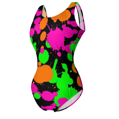 Neon Paint Swimsuit Graffiti Splatter Print One-Piece Swimwear Push Up Bodysuit Elegant Holiday Rave Beach Wear