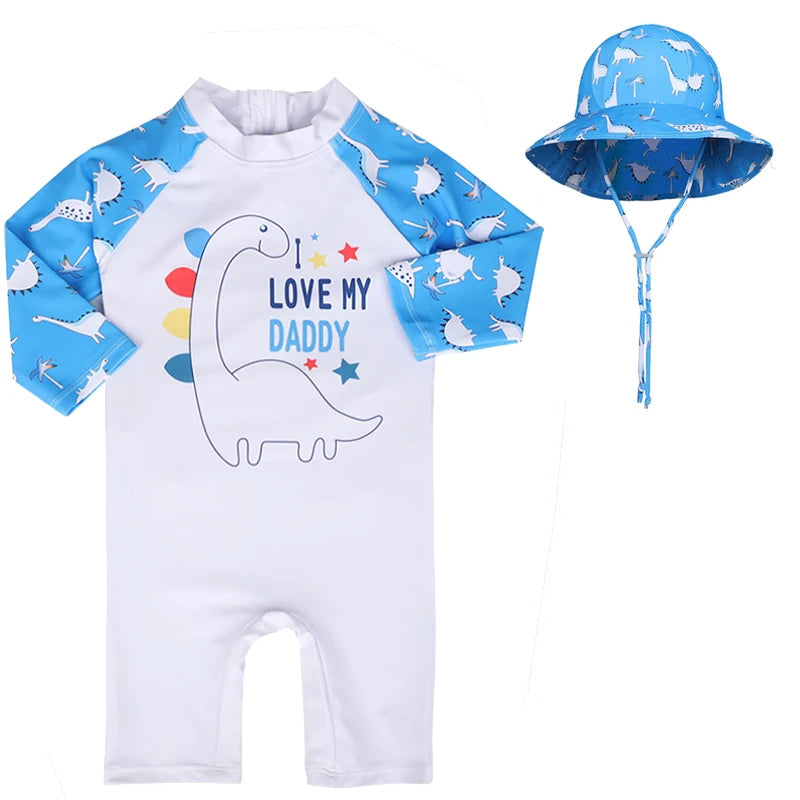 Baby Swimsuit One-Piece Bathing Suit Boy with Sun Cap UPF50 UV Protection Long Sleeve Dinosaur Children's Swimwear for Toddler