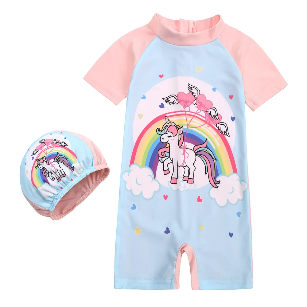 Toddler Children Swimwear Suit Print UV Kids Boys Girls Summer Beach Clothes 2Pcs Cap+Bathing Swimming Diving Swimsuit