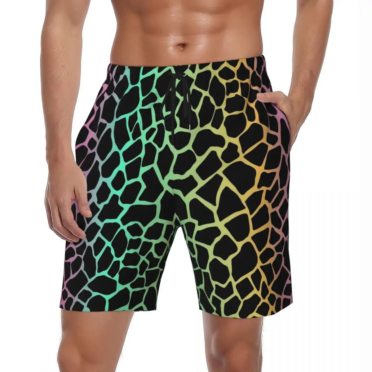 Rainbow Giraffe Board Shorts Summer Animal Print Board Short Pants Men Printed Running Surf Breathable Swim Trunks