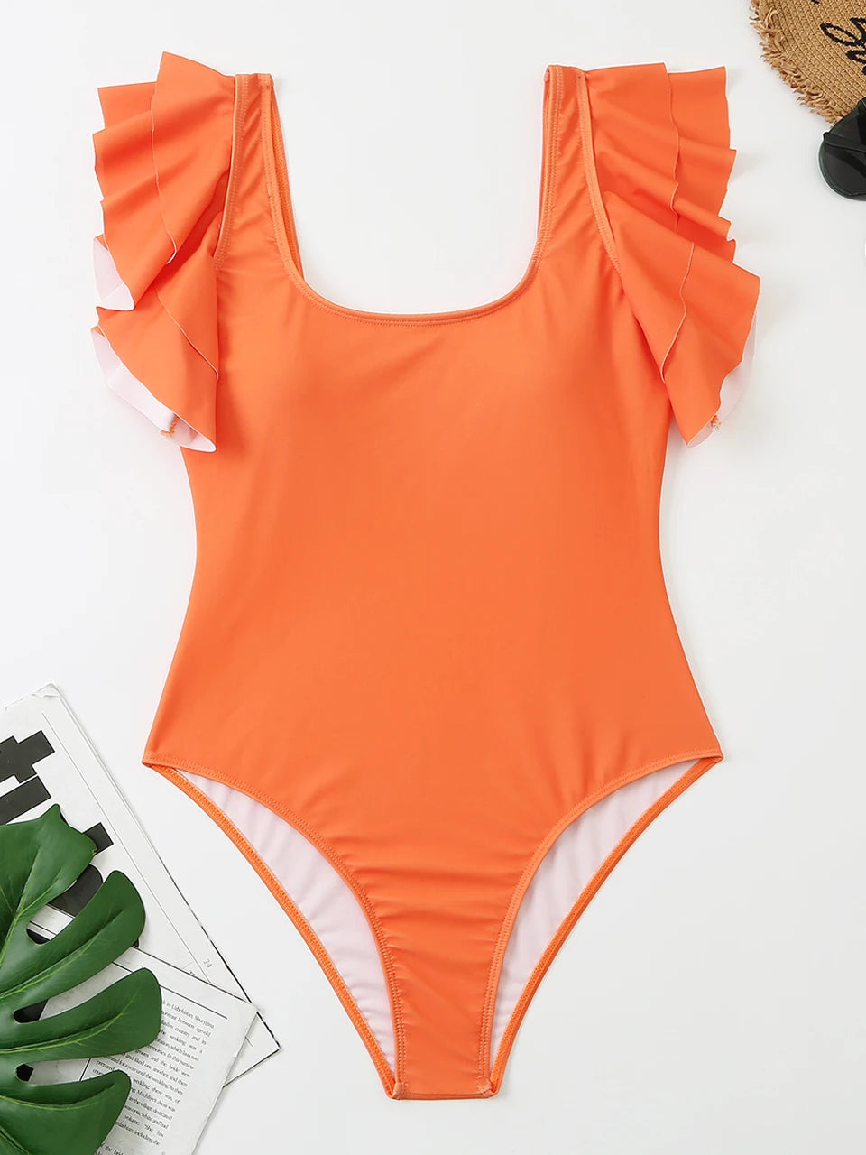 One Piece Ruffle Bodysuit Women Solid Deep V-Neck Swimwear Female Padded Swimsuit Bathing Swimming Summer Beachwear