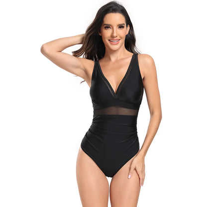 Women Fashion Flower Printed One-piece Swimsuit Plus Size Deep V Swimwear Bathers