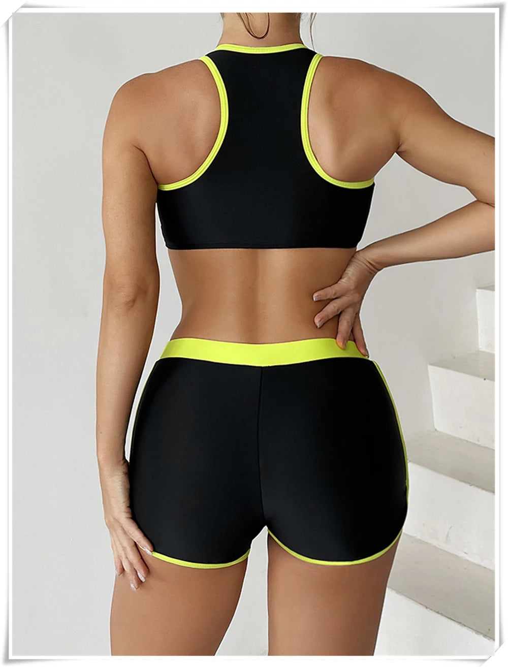 Two Piece Swimsuit Women Zipper Tankini Set High Waist Shorts Swimwear Female Bathing Swimming Suit Sports Beachwear Summer