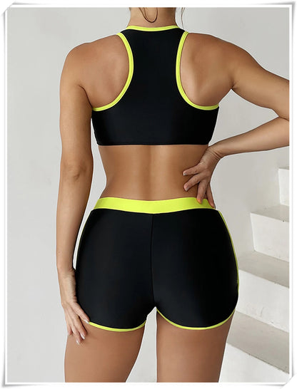 Two Piece Swimsuit Women Zipper Tankini Set High Waist Shorts Swimwear Female Bathing Swimming Suit Sports Beachwear Summer