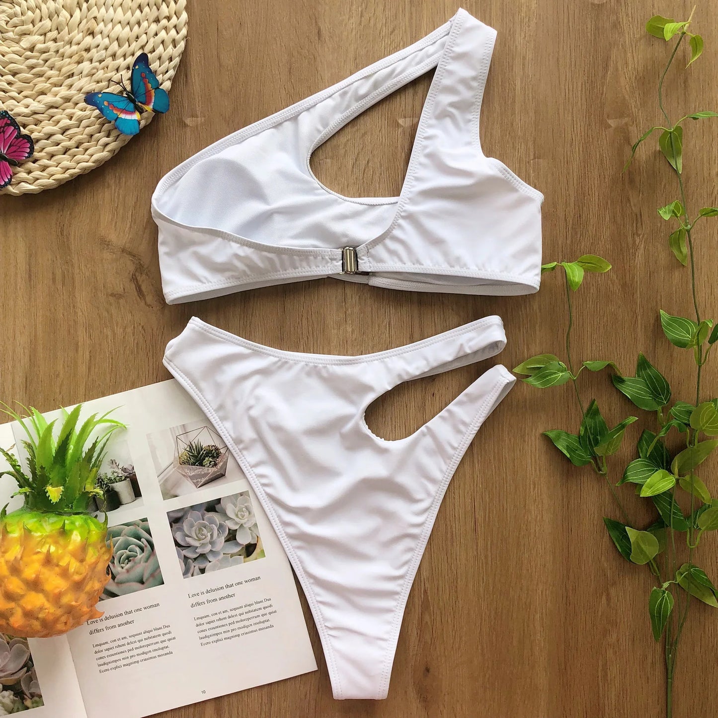 Solid color swimsuit irregular diagonal shoulder  bikini Swimwear Beach Bathing Suits
