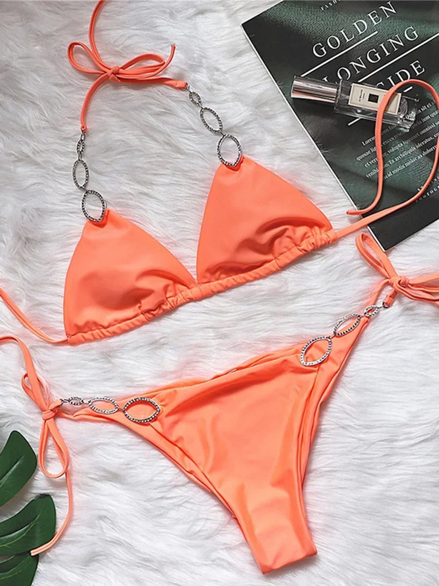 Halter Diamond Bikini Women Swimsuit Female Metal Chains Swimwear Two Pieces Bikini set Brazilian Bather Bathing Suit Swim