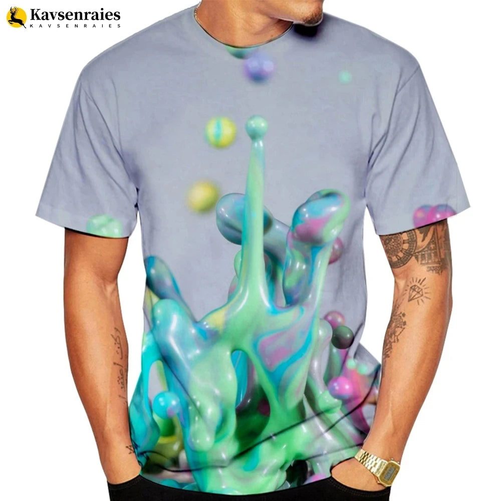Rainbow Paint Splash Men's Printed T-shirt Hip Hop Street Fashion Harajuku Round Neck Comfortable Short Sleeve Top
