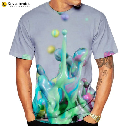 Rainbow Paint Splash Men's Printed T-shirt Hip Hop Street Fashion Harajuku Round Neck Comfortable Short Sleeve Top
