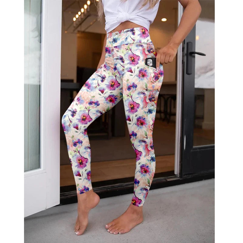 High Waist Women's Fitness Leggings 3D Digital Print Sexy Pocket Elastic Pants Fashionable Gym Trousers