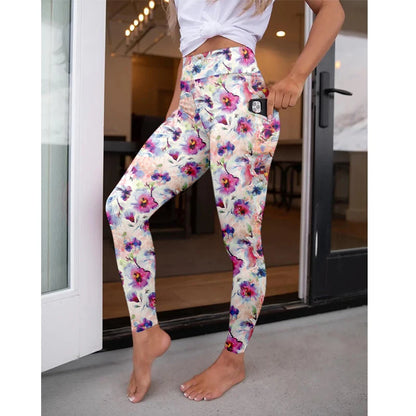 High Waist Women's Fitness Leggings 3D Digital Print Sexy Pocket Elastic Pants Fashionable Gym Trousers